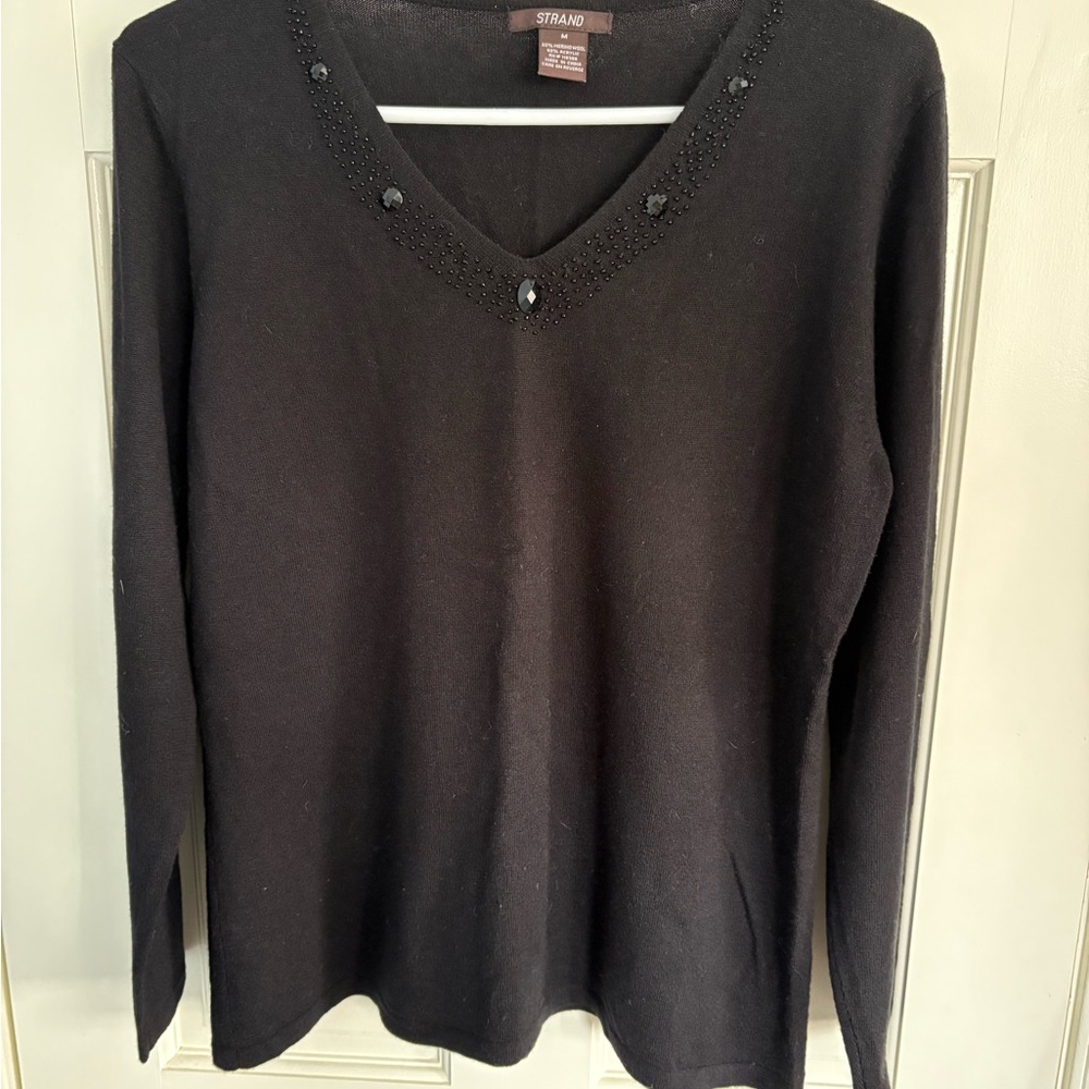 Black Embellished V-Neck Sweater for Women